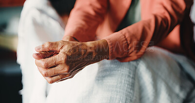Buy stock photo Thinking, nervous and hands of woman in home for mental health, anxiety and ptsd recovery. Trauma rehabilitate, reflection and grief memory with person in apartment for stress, worry and crisis
