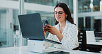 Business woman, phone and smile with laptop, break and messages as accountant in office. Female person, glasses and tech for finance agency, notifications and investment opportunity for payroll job