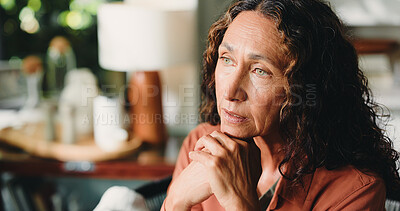 Buy stock photo Reflection, nostalgia and mature woman in house with  thoughts, past memory and sadness in living room. Mindset, space or senior person in home with perspective, wondering and loss in flashback.