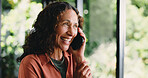 Happy woman, laughing and communication with phone call in home for conversation or friendly chat. Female person, talking or smile with mobile smartphone for funny joke, discussion or humor in house