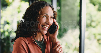 Buy stock photo Happy woman, laughing and communication with phone call in home for conversation or friendly chat. Mature, female person or talking with mobile smartphone for funny joke, discussion or humor in house