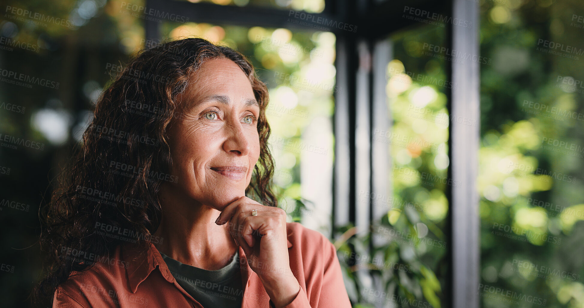 Buy stock photo Home, thinking and woman with memory, relax and reflection with comfort. Retirement, apartment and mature person in living room, contemplation and decision with moment, remember and nostalgia