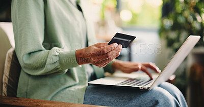 Buy stock photo Credit card, laptop and typing with hands of woman on sofa for online shopping, app and ecommerce. Digital transaction, customer experience and fintech banking with person in living room of home