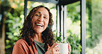 Home, portrait and woman with smile, coffee and relax with comfort, cosy and caffeine. Apartment, retirement and mature person with herbal tea, morning routine or laughing with confidence or espresso