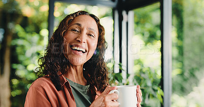 Buy stock photo Home, portrait and woman with smile, coffee and relax with comfort, cosy and caffeine. Apartment, funny and mature person with herbal tea, morning routine or laughing with confidence or happiness