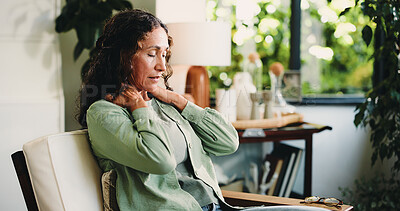 Buy stock photo Neck pain, headache and stress with woman in living room of home for burnout, discomfort or fatigue. Brain fog, dizzy and muscle massage with mature person in apartment for recovery or symptom relief