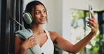 Fitness, headphones and woman in home, selfie and happy after workout routine, online or photography. Streaming, music and Indian person with smile for picture, athlete and subscription for audio