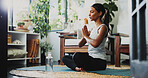 Meditation, fitness and prayer hands with woman in home for spiritual balance, holistic and mindfulness. Wellness, chakra and yoga with person in living room of apartment for namaste and peace