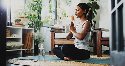 Buy stock photo Meditation, fitness and prayer hands with woman in home for spiritual balance, holistic and mindfulness. Wellness, chakra and yoga with person in living room of apartment for namaste and peace