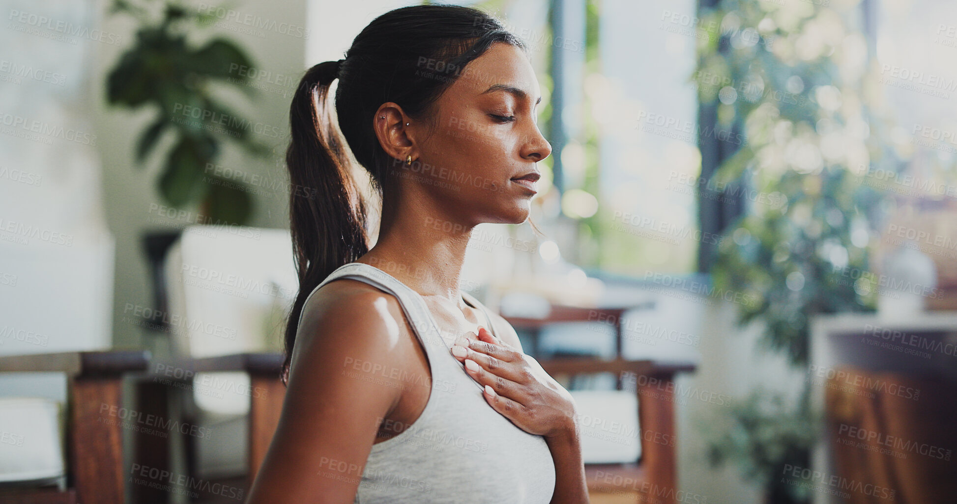 Buy stock photo Meditation, peace and breathing with woman in home for spiritual balance, holistic and mindfulness. Wellness, chakra and yoga with person in living room of apartment for fitness, zen and health