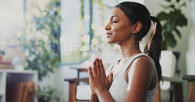 Buy stock photo Meditation, smile and prayer hands with woman in home for spiritual balance, holistic and mindfulness. Wellness, chakra and yoga with person in living room of apartment for namaste and peace