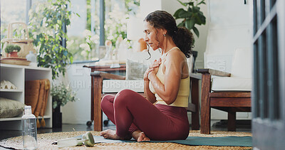 Buy stock photo Mindfulness, calm and woman on yoga mat in home, awareness practice and grounding exercise for health. Peace, meditation and mature person with holistic activity, reduce stress and spiritual zen