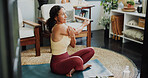 Fitness, woman and stretching arms in home with preparation for exercise, wellness and self care. Active, mature person and smile in house with warm up, workout start and getting ready for training.