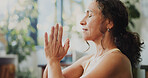 Mindfulness, yoga and woman with prayer hands in home, awareness practice and grounding exercise. Peace, meditation or calm person with holistic activity for wellness, reduce stress and spiritual zen