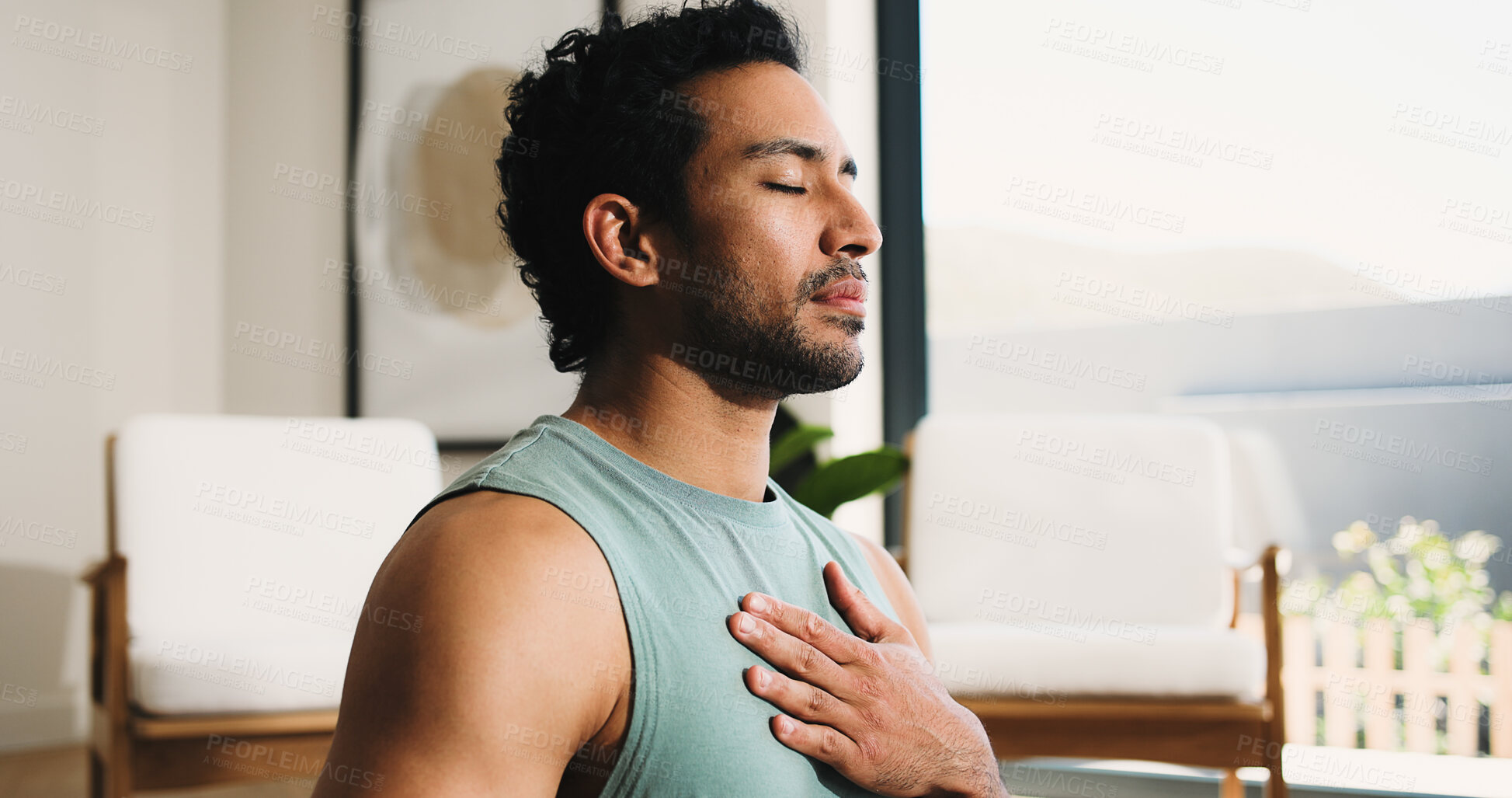 Buy stock photo Mindfulness, calm man or home for breathing routine, relaxation or body awareness practice for wellness. Meditation, inner peace or person in lounge for breathwork exercise, yoga or mental health zen