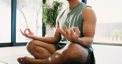 Buy stock photo Hands, meditation and yoga in home, zen or mindfulness for inner peace, lotus or wellness with faith. Calm, person and spiritual awareness for mental health, yogi and gesture for stress relief