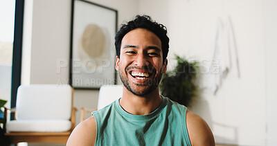 Buy stock photo Property, portrait and man in living room with pride, fresh start and investment in dream house. Success, real estate and happy male with confidence, relocation and achievement for new homeowner.