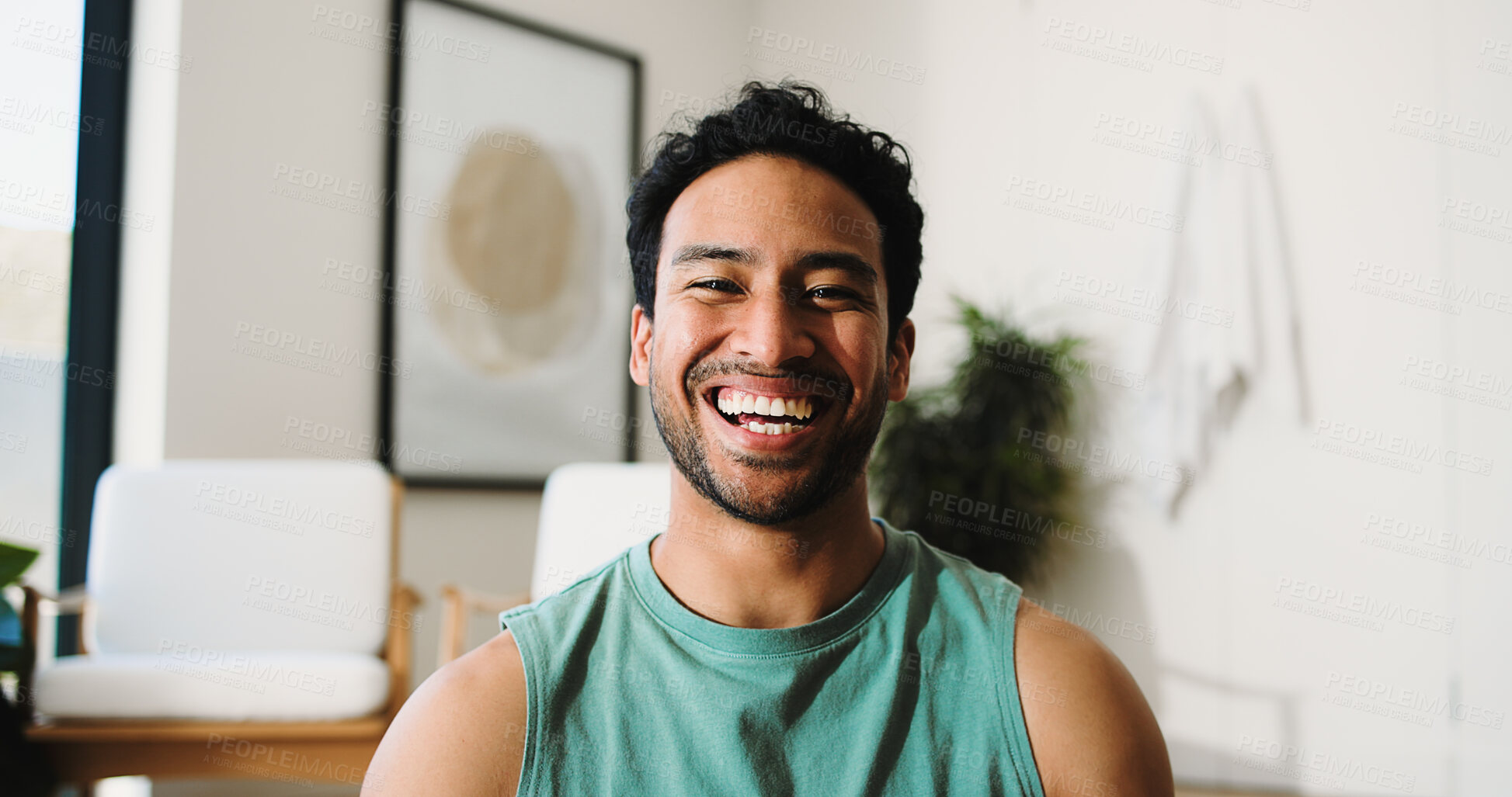 Buy stock photo Property, portrait and man in living room with pride, fresh start and investment in dream house. Success, real estate and happy male with confidence, relocation and achievement for new homeowner.