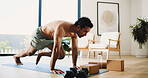 Man, workout and plank in home with yoga mat for balance, strength training and healthy body goals. Active, person and mountain climbers exercise on floor for stability, coordination and performance.