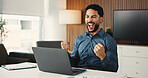 Laptop, happy and businessman in office with fist pump for finance achievement with report. Excited, computer and male financial advisor with celebration for investment approval in workplace.