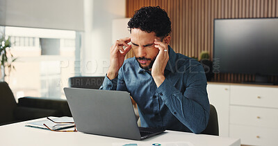 Buy stock photo Laptop, headache or man in agency for finance, brain fog or audit mistake on budget report. Burnout, technology or analyst in office with migraine massage, fatigue or bookkeeping error in cost review