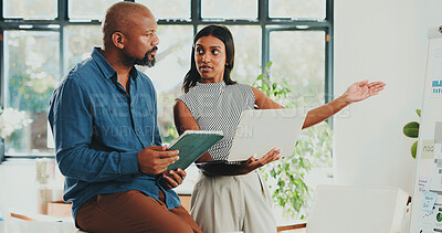 Buy stock photo Conversation, planning and business people in office, finance proposal and feedback for audit. Investor, coworking and employees in meeting, discussion and teamwork with profit review and economy