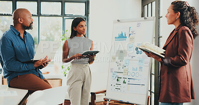 Buy stock photo Conversation, charts and business people in office, economy analysis and feedback for audit. Investor, employees or group in meeting, whiteboard or cooperation with profit review or graph for revenue