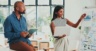 Buy stock photo Creative people, documents and tech with designer agency in office for internship or project management. Graphs, meeting or paperwork with woman, man or mentor in workplace for conversation or update