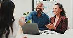 Interview, deal or people in agency with handshake,  congratulations or meeting in onboarding process. Happy, success or hr in office with shaking hand, candidate or offer for career opportunity.