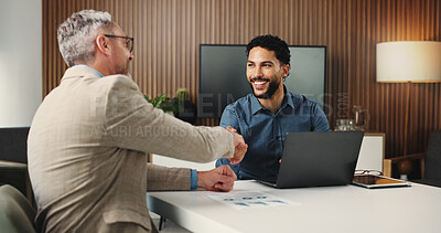 Buy stock photo Handshake, laptop and meeting with business people in office for congratulations, investor deal and partnership. Stakeholder approval, agreement and success with men shaking hands with tech and offer