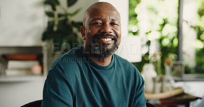 Buy stock photo Happy, relax and portrait of black man in home for peace, confidence and retirement. Smile, pride and weekend break with mature person in living room of apartment for calm, chill and resting