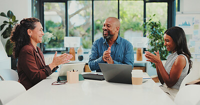 Buy stock photo Team, applause and people with laptop, office and excited for campaign success, win and celebration. Happy, man and woman with ad results on website, digital marketing and clapping for achievement