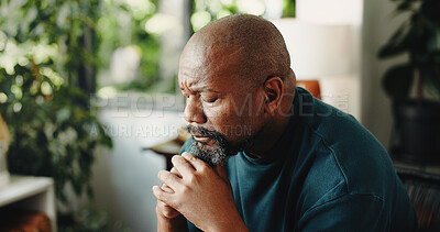 Buy stock photo House, thinking and black man frustrated with reflection, decision and sad with mental health. Mature person, living room and regret with nostalgia, memory and doubt or disappointed in home lounge