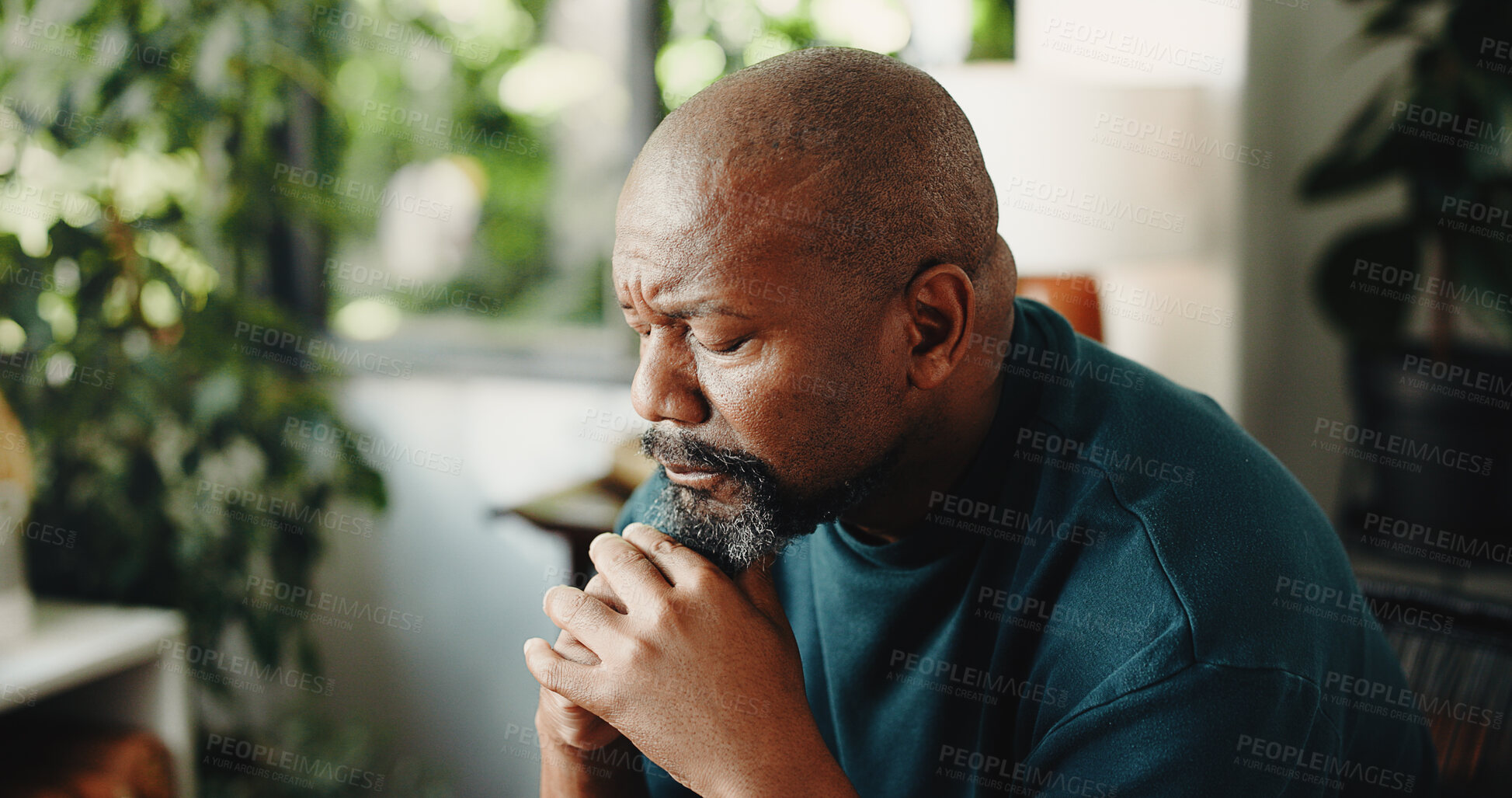 Buy stock photo House, thinking and black man frustrated with reflection, decision and sad with mental health. Mature person, living room and regret with nostalgia, memory and doubt or disappointed in home lounge