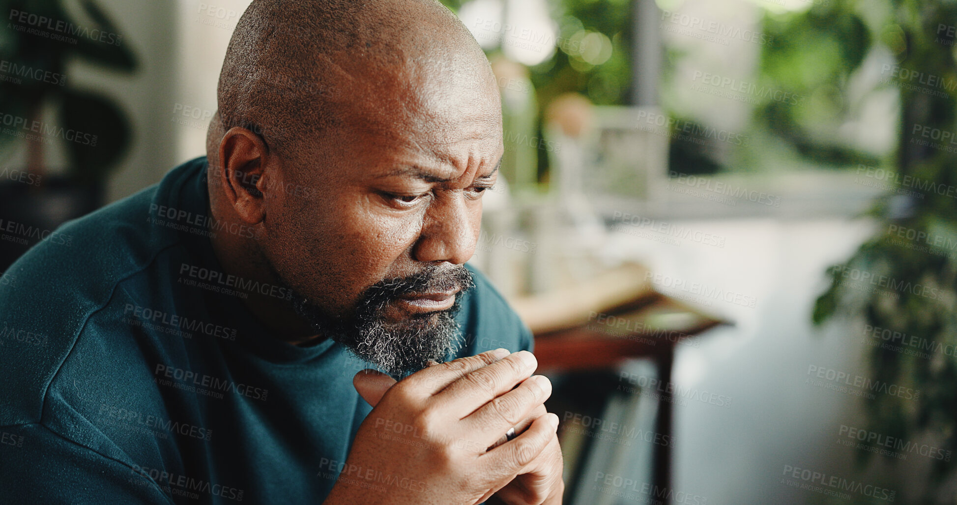 Buy stock photo House, thinking and black man frustrated with nostalgia, decision and sad with mental health. Mature person, living room and regret with reflection, memory and doubt or disappointed in home lounge