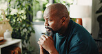 House, thinking and black man frustrated with doubt, decision and sad with mental health. Mature person, living room and regret with reflection, memory and nostalgia or disappointed in home lounge