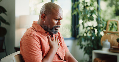 Buy stock photo Sick, chest pain and black man in home with cough, infection or breathing issue from lung virus. Influenza, choking and mature person in house with tuberculosis, asthma or illness in allergy season
