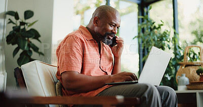 Buy stock photo Man, talk and phone call in home with laptop for remote work, journalism and news report research. Mature black person, discussion and typing in house with computer, contact or freelance writing job.
