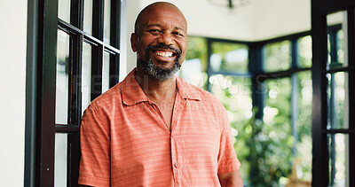 Buy stock photo Smile, calm and portrait of black man in home for peace, confidence and retirement. Happiness, pride and weekend break with mature person in living room of apartment for relax, chill and resting
