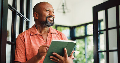 Buy stock photo Thinking, home and mature black man on tablet for internet, subscription and website for contact. House, communication and happy person on digital tech for networking, online email and connection