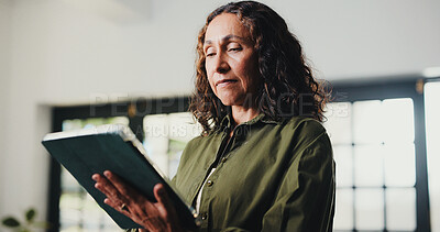 Buy stock photo Tablet, reading and research with business woman in office for planning, editor feedback and article review. Online journalist report, story fact check and digital blog with mature person at agency