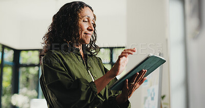 Buy stock photo Tablet, reading and typing with business woman in office for planning, editor feedback and article review. Online journalist report, story fact check and blog with mature person and scroll at agency