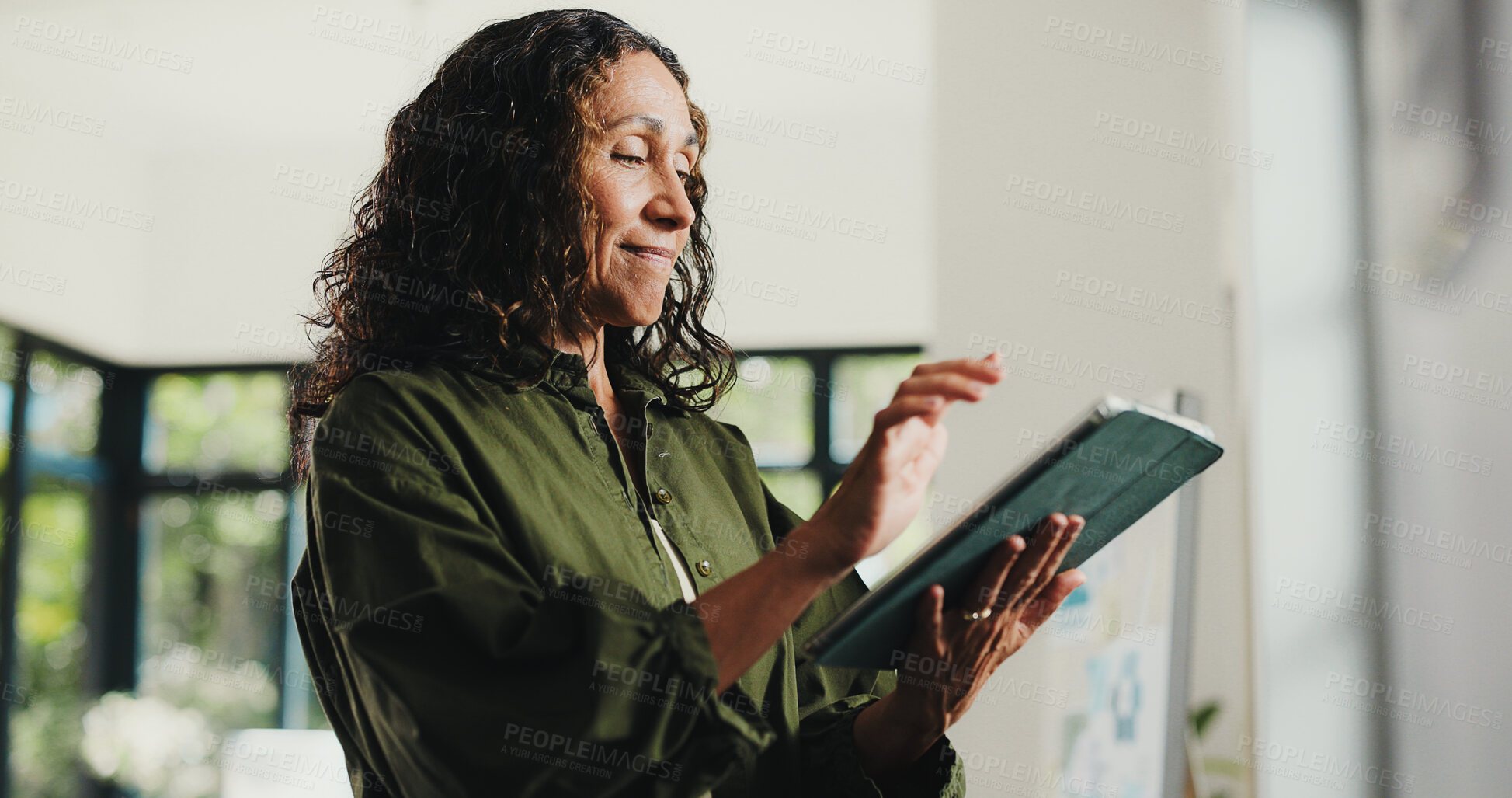Buy stock photo Tablet, reading and typing with business woman in office for planning, editor feedback and article review. Online journalist report, story fact check and blog with mature person and scroll at agency