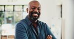 Freelancer, smile or portrait of black man in home, marketing career or confident for brand copywriting. Creative, professional or mature writer with pride for advertising, remote work or opportunity