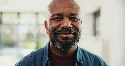 Buy stock photo Happy, portrait and mature businessman in office with confidence for corporate finance career. Smile, professional and African male financial manager with pride for company about us in workplace.
