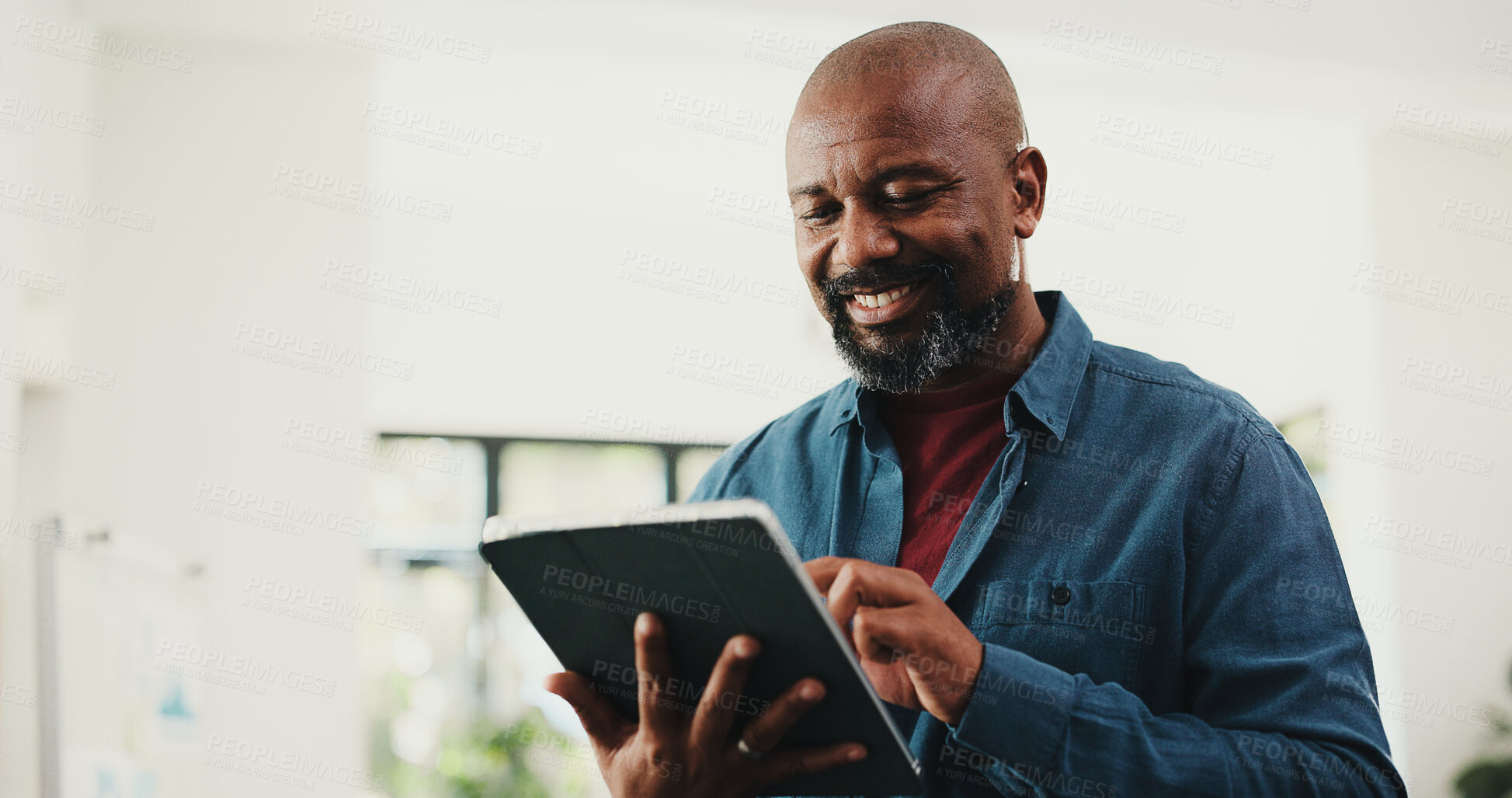 Buy stock photo Web designer, happy man or reading on tablet in home for remote work, plan or check homepage features. Project proposal, freelancer or mature black person with site update idea, review domain or tech