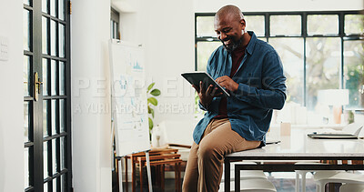 Buy stock photo Tablet, happy and mature businessman in office with research for finance report with budget. Digital technology, contact and African financial manager with email for investment proposal in workplace.