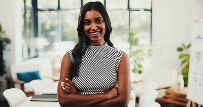 Buy stock photo Portrait, smile or Indian woman in office with arms crossed, about us or pride in accounting career. Happy, profession or financial analyst with confidence, ambition or experience in risk management