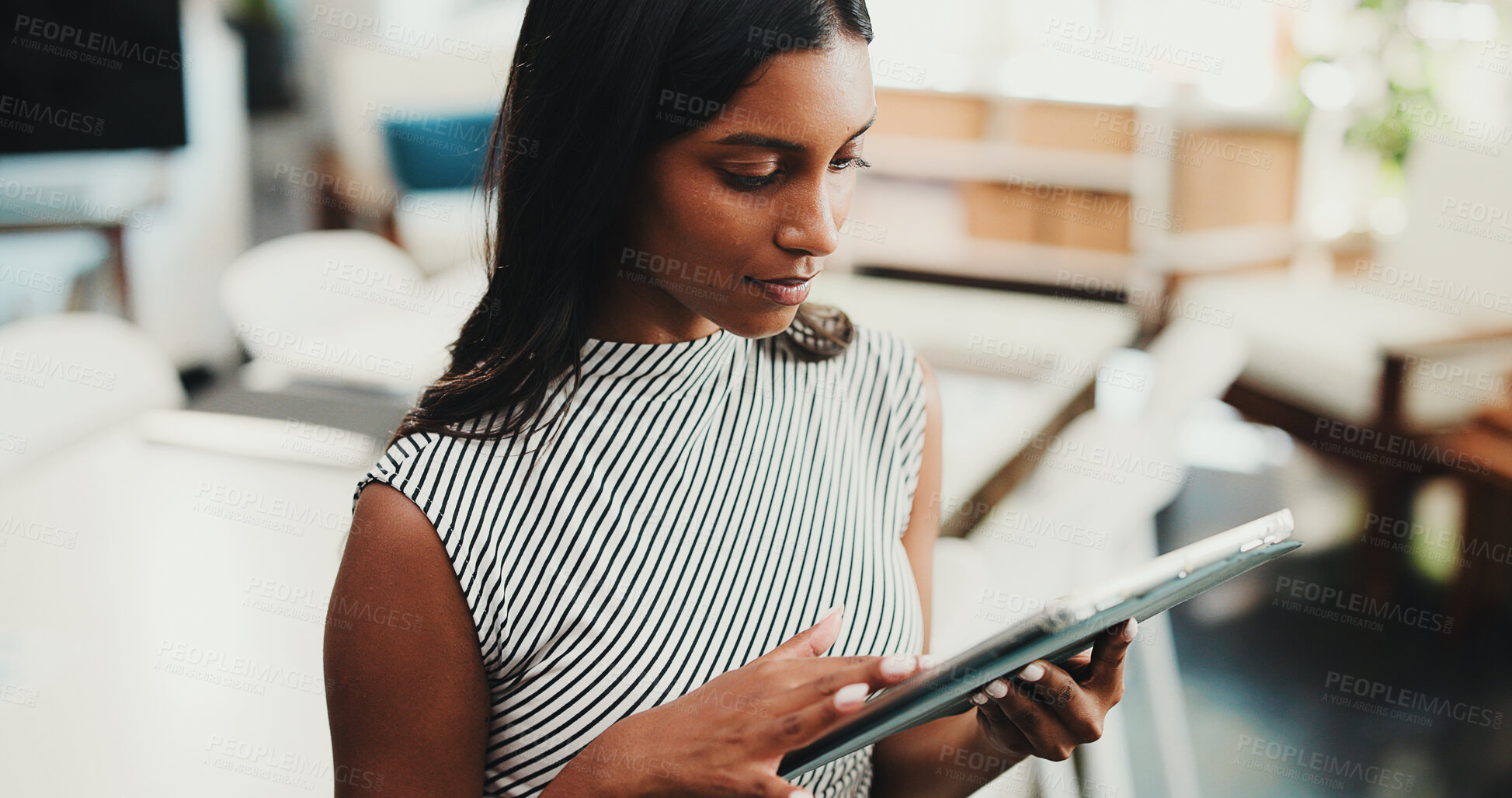 Buy stock photo Web design, woman or reading on tablet in home for remote work, plan or check homepage features. Project proposal, freelancer or person with tech for site update, review or domain optimization report