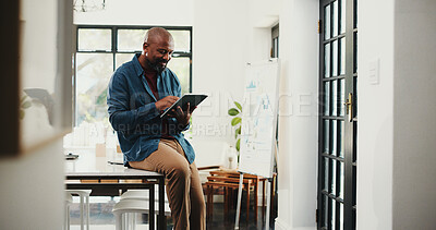 Buy stock photo Black man, smile and tablet in home office for editing, remote work and business ideas. Virtual assistant, freelancer and tech for project management, creative agency or administration support